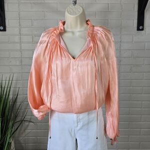 Entro Peach Satin Metallic Tie-neck Blouse